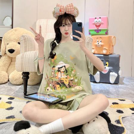 BY10768# 女睡衣夏季新款拉架仿棉圆领短袖短裤可爱舒适家居服套装 服裝批發女裝批發服飾貨源
