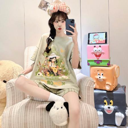 BY10768# 女睡衣夏季新款拉架仿棉圆领短袖短裤可爱舒适家居服套装 服裝批發女裝批發服飾貨源