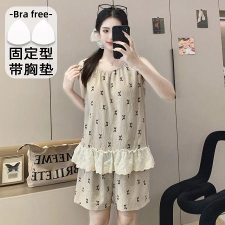 BY10769# 云朵棉睡衣女夏季无袖吊带带固定胸垫甜美花边背心套装外穿 服裝批發女裝批發服飾貨源