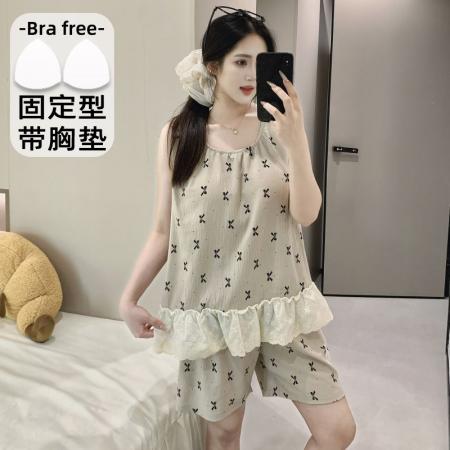 BY10769# 云朵棉睡衣女夏季无袖吊带带固定胸垫甜美花边背心套装外穿 服裝批發女裝批發服飾貨源