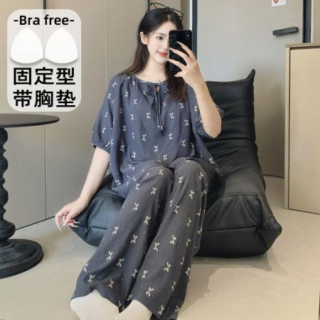 BY10770# 带胸垫短袖长裤睡衣女夏短袖吊带可爱女士韩版家居服套装 服裝批發女裝批發服飾貨源