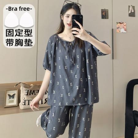 BY10770# 带胸垫短袖长裤睡衣女夏短袖吊带可爱女士韩版家居服套装 服裝批發女裝批發服飾貨源