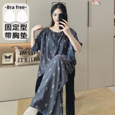 BY10770# 带胸垫短袖长裤睡衣女夏短袖吊带可爱女士韩版家居服套装 服裝批發女裝批發服飾貨源