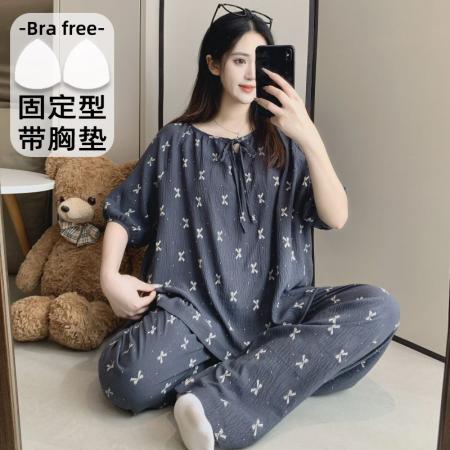BY10770# 带胸垫短袖长裤睡衣女夏短袖吊带可爱女士韩版家居服套装 服裝批發女裝批發服飾貨源