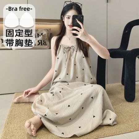 BY10772# 云朵棉印花睡衣女夏季公主风带胸垫吊带中长宽松睡裙家居服 服裝批發女裝批發服飾貨源