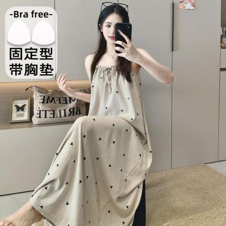 BY10772# 云朵棉印花睡衣女夏季公主风带胸垫吊带中长宽松睡裙家居服 服裝批發女裝批發服飾貨源