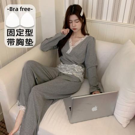 BY10774# 莫代尔睡衣女春秋季甜美蕾丝纯欲风带胸垫家居服性感套装 服裝批發女裝批發服飾貨源