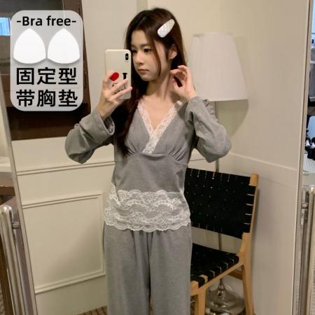 BY10774# 莫代尔睡衣女春秋季甜美蕾丝纯欲风带胸垫家居服性感套装 服裝批發女裝批發服飾貨源