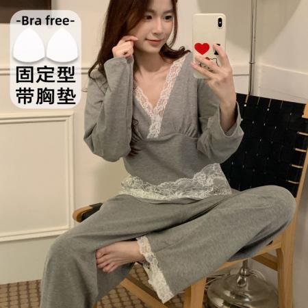 BY10774# 莫代尔睡衣女春秋季甜美蕾丝纯欲风带胸垫家居服性感套装 服裝批發女裝批發服飾貨源