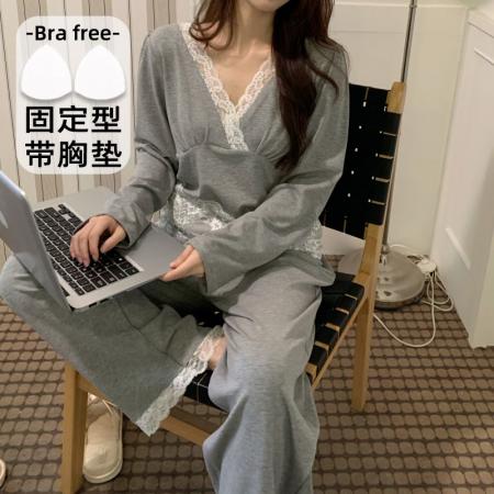 BY10774# 莫代尔睡衣女春秋季甜美蕾丝纯欲风带胸垫家居服性感套装 服裝批發女裝批發服飾貨源