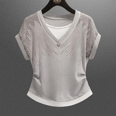 BY10777# 韩版冰丝螺纹夏季新款设计感烫钻拼接时尚减龄显瘦上衣气质 服裝批發女裝批發服飾貨源