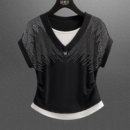 BY10777# 韩版冰丝螺纹夏季新款设计感烫钻拼接时尚减龄显瘦上衣气质 服裝批發女裝批發服飾貨源