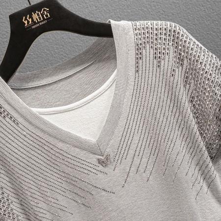 BY10777# 韩版冰丝螺纹夏季新款设计感烫钻拼接时尚减龄显瘦上衣气质 服裝批發女裝批發服飾貨源