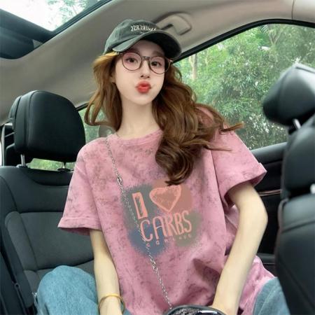 BY10780# 后包领宽松扎染T恤女夏季新款泼墨减龄显瘦百搭上衣潮 服裝批發女裝批發服飾貨源