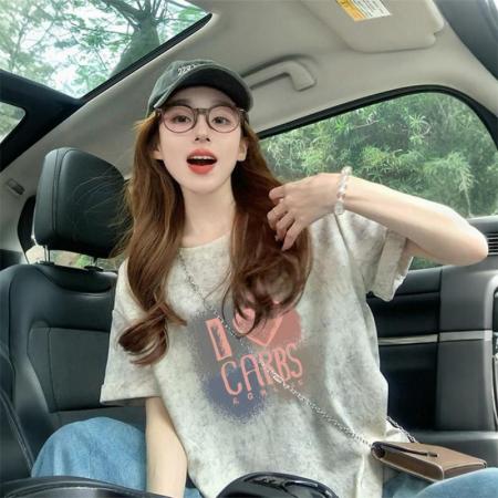 BY10780# 后包领宽松扎染T恤女夏季新款泼墨减龄显瘦百搭上衣潮 服裝批發女裝批發服飾貨源