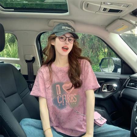 BY10780# 后包领宽松扎染T恤女夏季新款泼墨减龄显瘦百搭上衣潮 服裝批發女裝批發服飾貨源