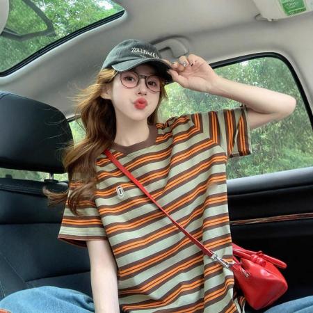 BY10782# 后包领撞色条纹宽松T恤女oversize卡通洋气中长款上衣 服裝批發女裝批發服飾貨源