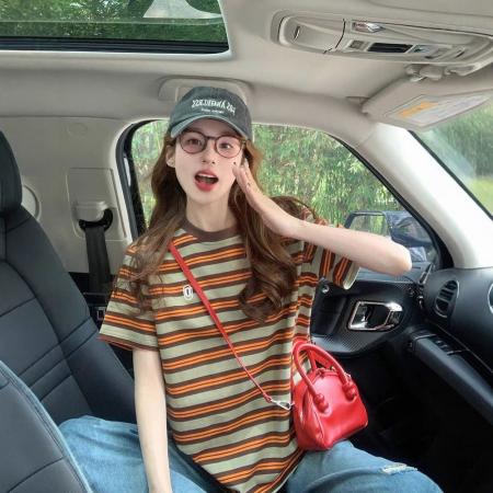 BY10782# 后包领撞色条纹宽松T恤女oversize卡通洋气中长款上衣 服裝批發女裝批發服飾貨源