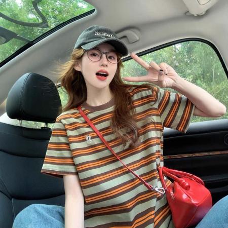 BY10782# 后包领撞色条纹宽松T恤女oversize卡通洋气中长款上衣 服裝批發女裝批發服飾貨源