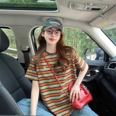 BY10782# 后包领撞色条纹宽松T恤女oversize卡通洋气中长款上衣 服裝批發女裝批發服飾貨源