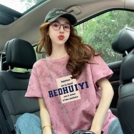 BY10783# 后包领泼墨设计短袖t恤女美式复古印花宽松显瘦上衣潮 服裝批發女裝批發服飾貨源