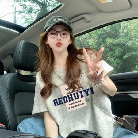 BY10783# 后包领泼墨设计短袖t恤女美式复古印花宽松显瘦上衣潮 服裝批發女裝批發服飾貨源