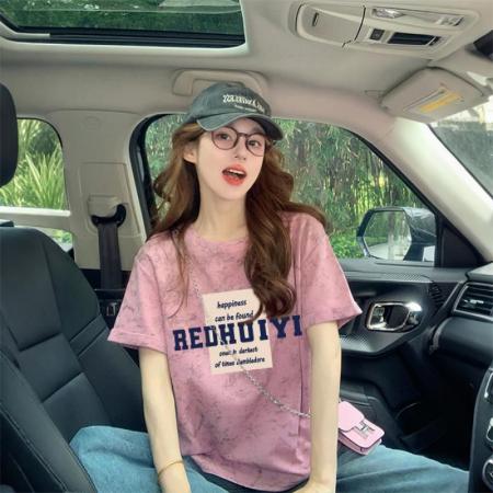 BY10783# 后包领泼墨设计短袖t恤女美式复古印花宽松显瘦上衣潮 服裝批發女裝批發服飾貨源