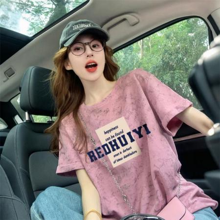 BY10783# 后包领泼墨设计短袖t恤女美式复古印花宽松显瘦上衣潮 服裝批發女裝批發服飾貨源