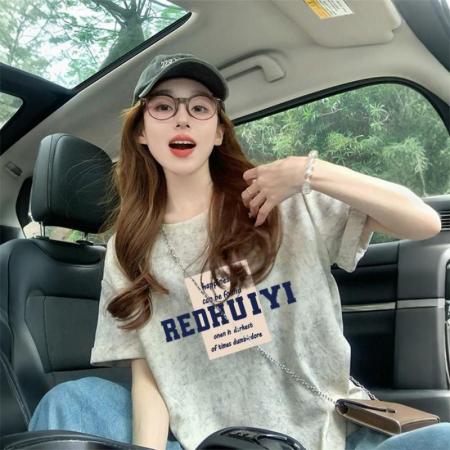 BY10783# 后包领泼墨设计短袖t恤女美式复古印花宽松显瘦上衣潮 服裝批發女裝批發服飾貨源