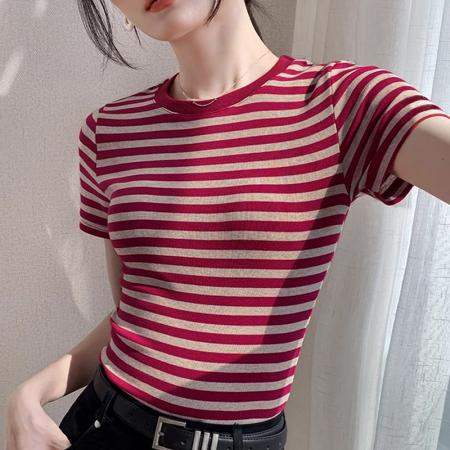 BY10786# 韩版彩棉条纹T恤女短袖正肩短款上衣夏季复古撞色爆款修身 服裝批發女裝批發服飾貨源