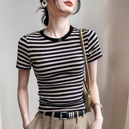 BY10786# 韩版彩棉条纹T恤女短袖正肩短款上衣夏季复古撞色爆款修身 服裝批發女裝批發服飾貨源
