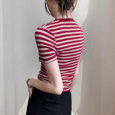 BY10786# 韩版彩棉条纹T恤女短袖正肩短款上衣夏季复古撞色爆款修身 服裝批發女裝批發服飾貨源