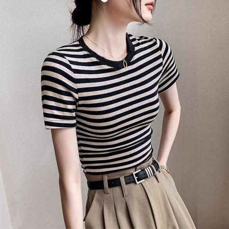 BY10786# 韩版彩棉条纹T恤女短袖正肩短款上衣夏季复古撞色爆款修身 服裝批發女裝批發服飾貨源