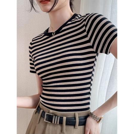 BY10786# 韩版彩棉条纹T恤女短袖正肩短款上衣夏季复古撞色爆款修身 服裝批發女裝批發服飾貨源