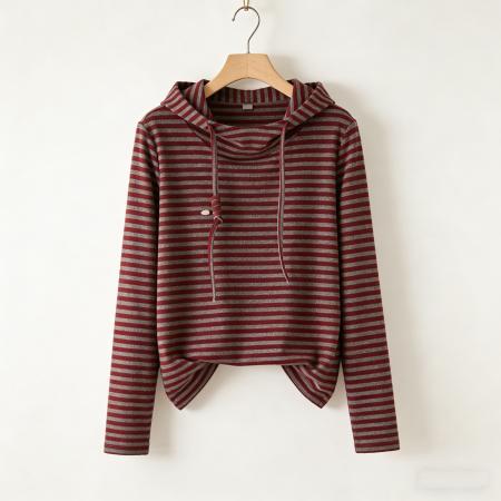 BY10787# 时尚高端春季新款条纹长袖打底衫t恤上衣舒适连帽设计感 服裝批發女裝批發服飾貨源