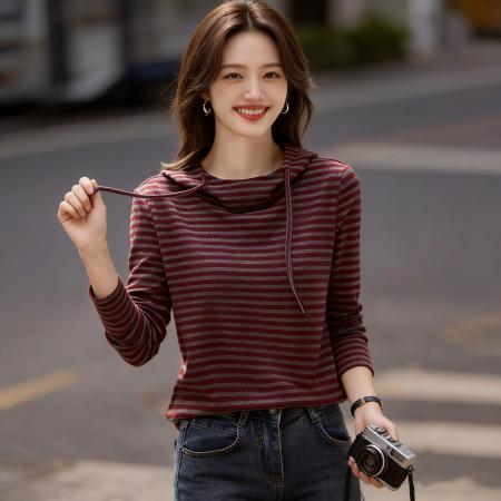 BY10787# 时尚高端春季新款条纹长袖打底衫t恤上衣舒适连帽设计感 服裝批發女裝批發服飾貨源