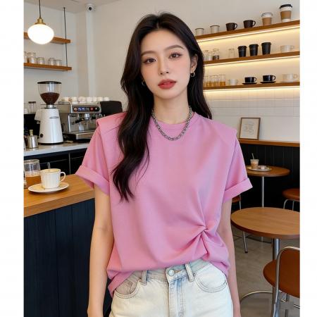 BY10789# 新款宽松扭结设计感t恤女短袖欧货大版棉布垫肩打底衫上衣夏 服裝批發女裝批發服飾貨源