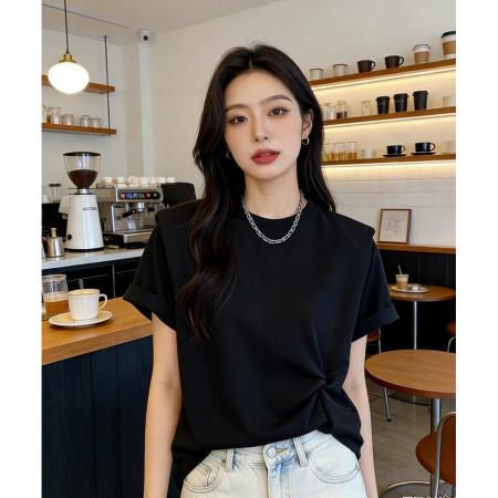 BY10789# 新款宽松扭结设计感t恤女短袖欧货大版棉布垫肩打底衫上衣夏 服裝批發女裝批發服飾貨源
