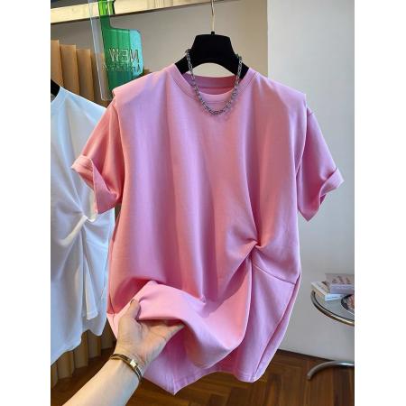 BY10789# 新款宽松扭结设计感t恤女短袖欧货大版棉布垫肩打底衫上衣夏 服裝批發女裝批發服飾貨源