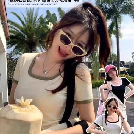 BY10791# 韩版撞色螺纹方领正肩T恤短袖女小个子夏季设计感U领修身短款 服裝批發女裝批發服飾貨源