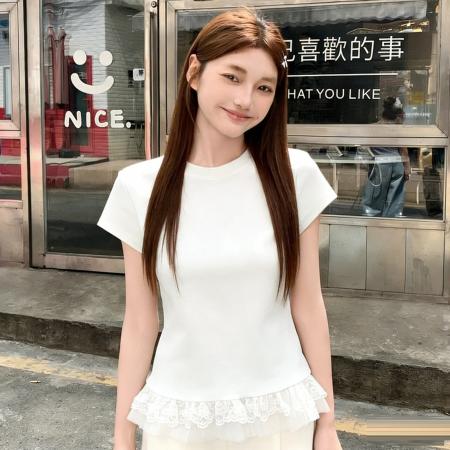 BY10792# 蕾丝花边芭蕾风白色短袖t恤女夏季新款内搭修身显瘦打底上衣 服裝批發女裝批發服飾貨源