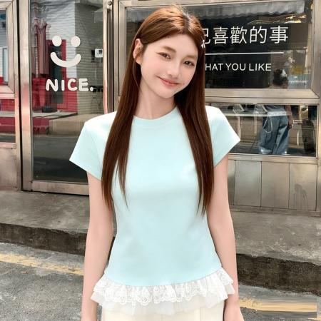 BY10792# 蕾丝花边芭蕾风白色短袖t恤女夏季新款内搭修身显瘦打底上衣 服裝批發女裝批發服飾貨源