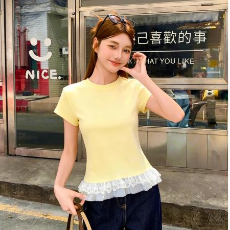 BY10792# 蕾丝花边芭蕾风白色短袖t恤女夏季新款内搭修身显瘦打底上衣 服裝批發女裝批發服飾貨源