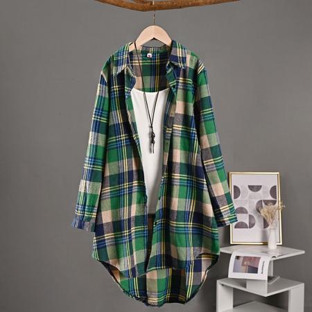 BY10794# 韩版女装格子棉麻衬衫女中长款薄外套防晒衫春夏款长袖衬衣 服裝批發女裝批發服飾貨源