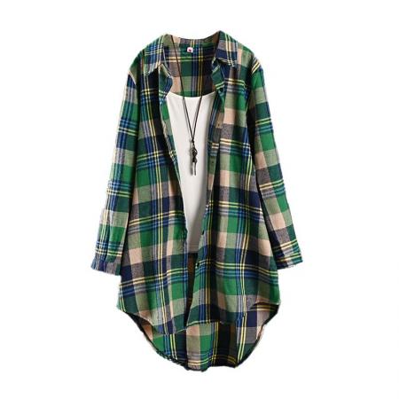 BY10794# 韩版女装格子棉麻衬衫女中长款薄外套防晒衫春夏款长袖衬衣 服裝批發女裝批發服飾貨源