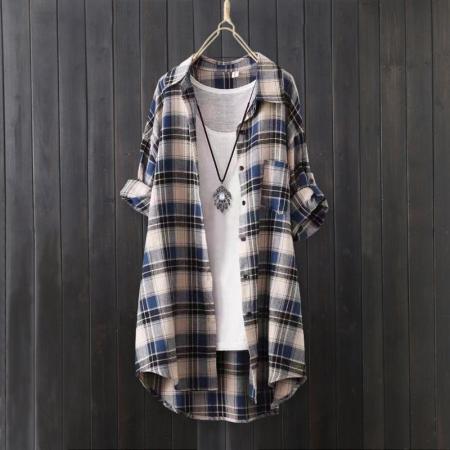 BY10795# 韩版格子衬衫女中长款宽松大码防晒衬衣薄外套棉麻上衣 服裝批發女裝批發服飾貨源