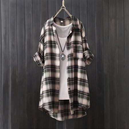 BY10795# 韩版格子衬衫女中长款宽松大码防晒衬衣薄外套棉麻上衣 服裝批發女裝批發服飾貨源