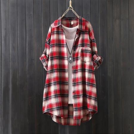 BY10795# 韩版格子衬衫女中长款宽松大码防晒衬衣薄外套棉麻上衣 服裝批發女裝批發服飾貨源