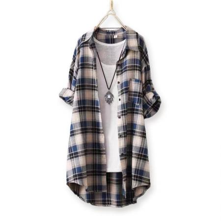 BY10795# 韩版格子衬衫女中长款宽松大码防晒衬衣薄外套棉麻上衣 服裝批發女裝批發服飾貨源