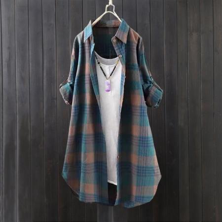 BY10796# 韩版棉麻格子衬衫女款薄外套宽松开衫中长款速卖通长袖衬衣 服裝批發女裝批發服飾貨源